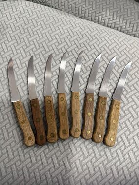 Lot 8 Vtg Old Homestead Lifetime Cutlery Steak Knives Wood Grain Riveted Japan